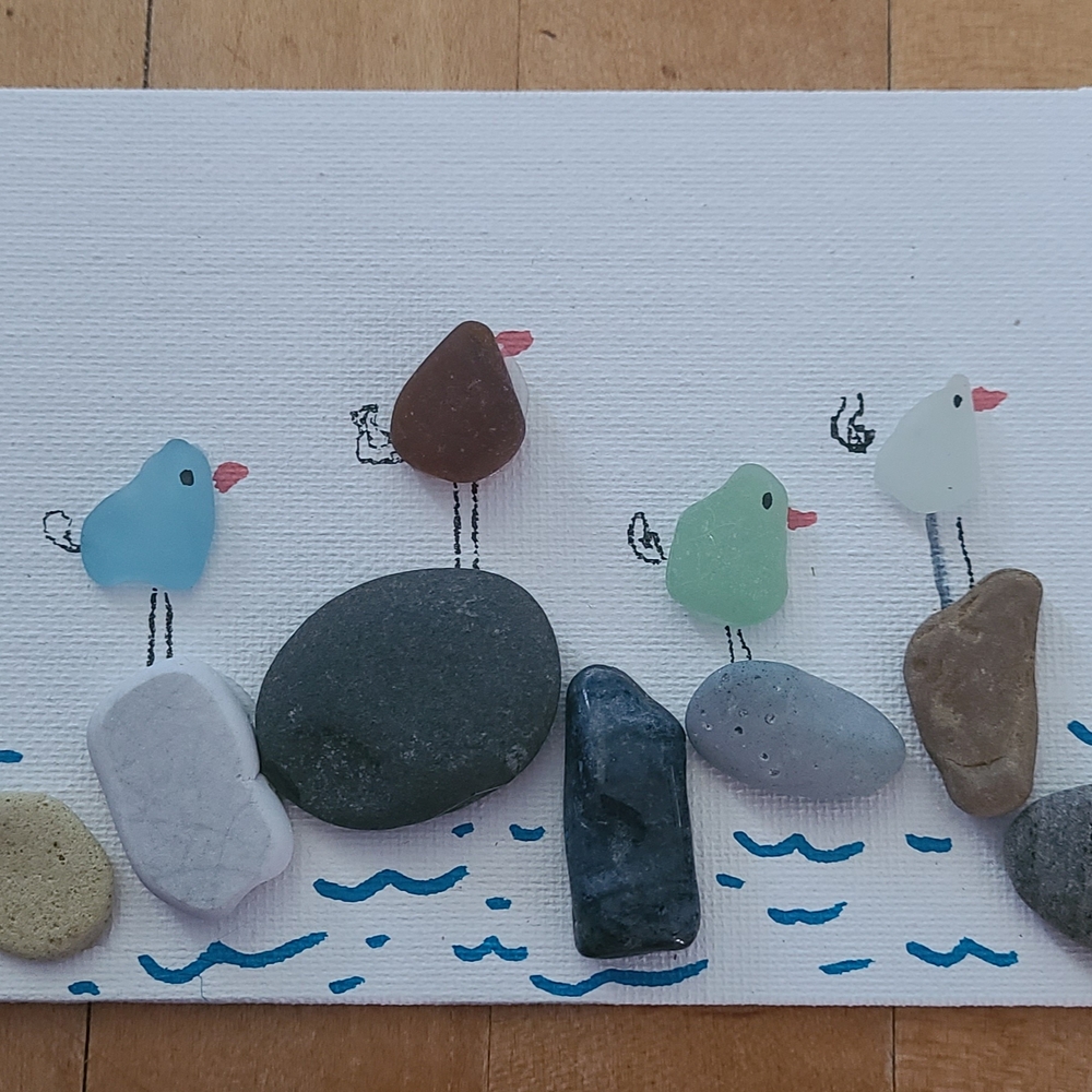 Colorful Sea Glass + Beach Stone Bird Art Decor, 4x6 Canvas